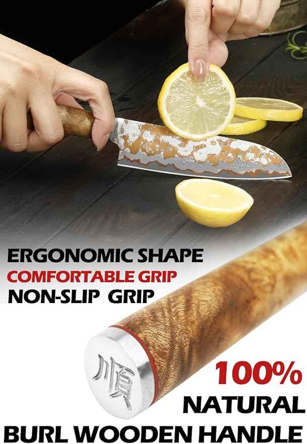 YOUSUNLONG Santoku Knife 5 Inch - Handmade Japanese Chef's Knife Copper Damascus Steel Blade - Ultra Sharp Asian Knife - Natural Walnut Wooden Handle with Acacia Wood Box