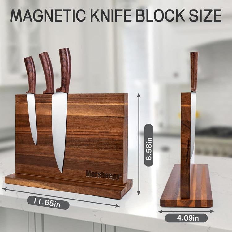 Home Kitchen Magnetic Knife Block,Double Sided Magnetic Knife Holder Rack for Kitchen Counter,Acacia Wood with Strong Enhanced Magnets Knife Storage Stand