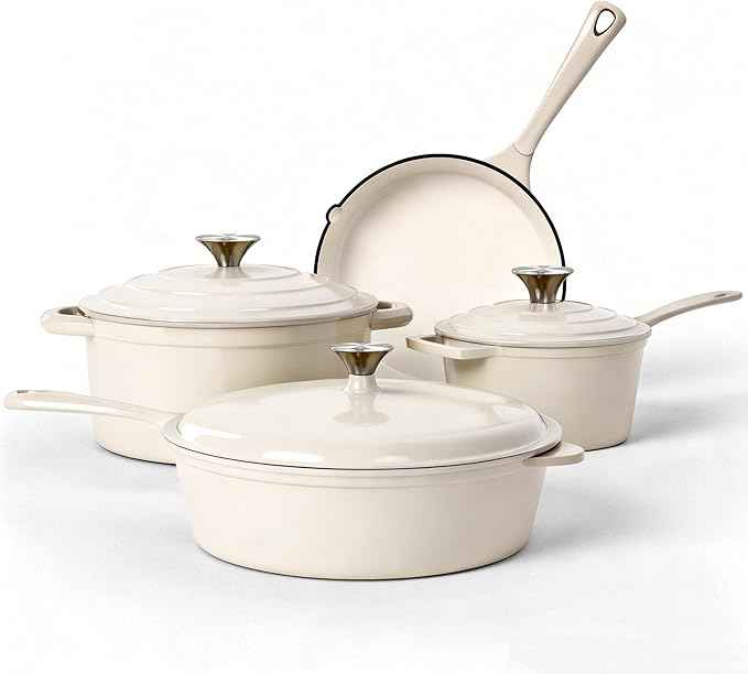 Kitchen Academy Enameled Cast Iron Cookware Sets - 7Pcs Pots and Pans Set Non Toxic, Induction Cooking Pots Set, PFOA&PFAS Free(Beige)