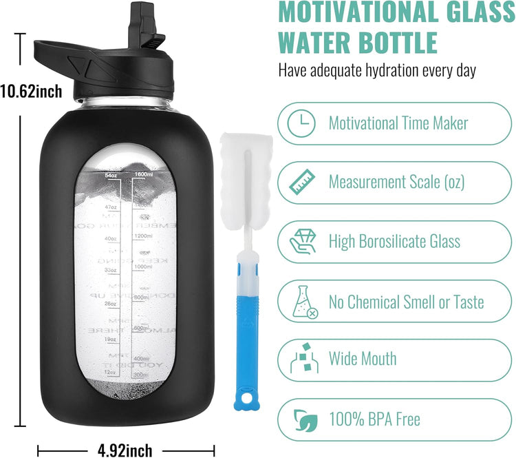 CIVAGO 64 oz Glass Water Bottle Jug with Straw and Handle, Half Gallon Sports Motivational Water Bottle with Time Marker, Wide Mouth Water Flask Canteen with Silicone Sleeve for Gym,Camelia