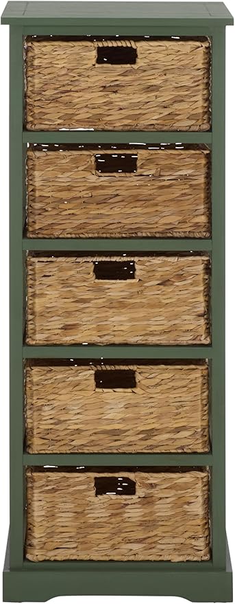 SAFAVIEH Home Collection – Vedette Dusty Green 5-Basket Storage Tower, Natural Rattan Accent Design, Fully Assembled (AMH5739J)