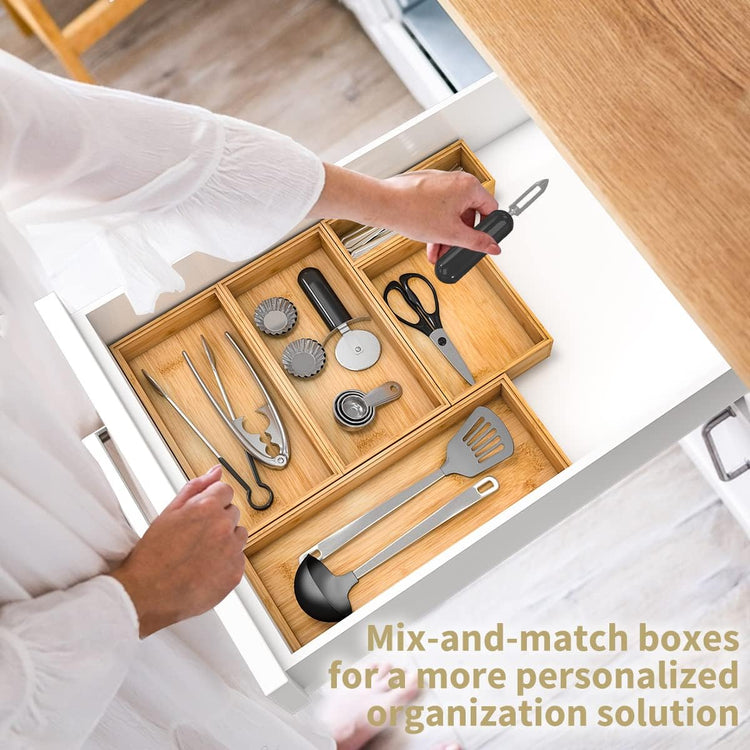 Bamboo Kitchen Drawer Organizer,Stackable Silverware Tray Utensil Organizer Cutlery Holder for Kitchen,Wooden Storage Box for Bathroom, Multi-Use Drawer Organizer for Office,Makeup(12x6x2.5 inch)