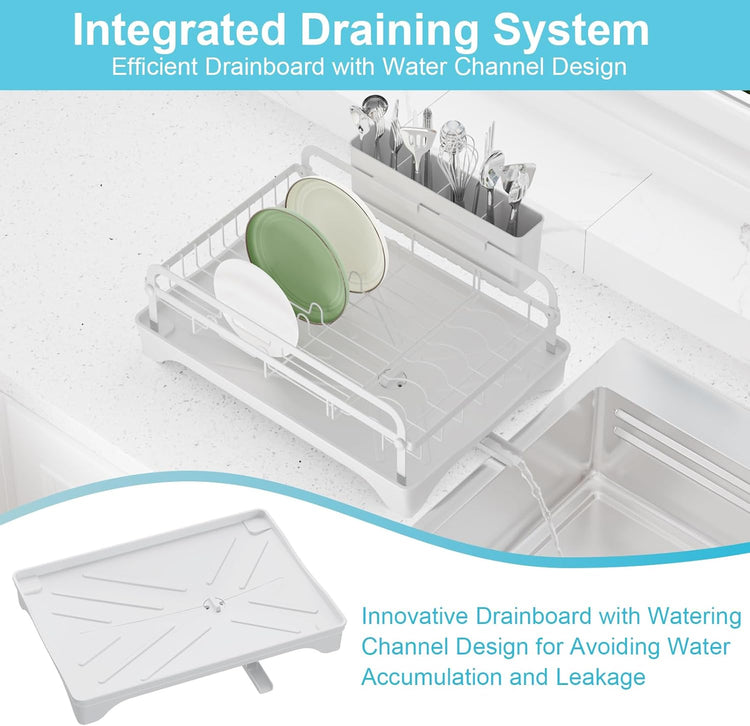 Dish Drying Rack for Kitchen Counter - Large Capacity Dish Drying Rack with Drainboard, Kitchen Sink Dish Rack, Countertop Dish Drainer Rack with Cutlery Holders Dish Dryer Rack White