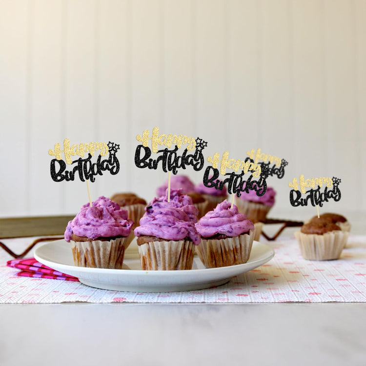 24Pcs Happy Birthday Cupcake Toppers Double Layer Glitter Happy Birthday Cake Decorations for Celebrating Baby Shower Theme Kids Boys Girls Birthday Party Cake Decorations Supplies Black Gold (24 Count)
