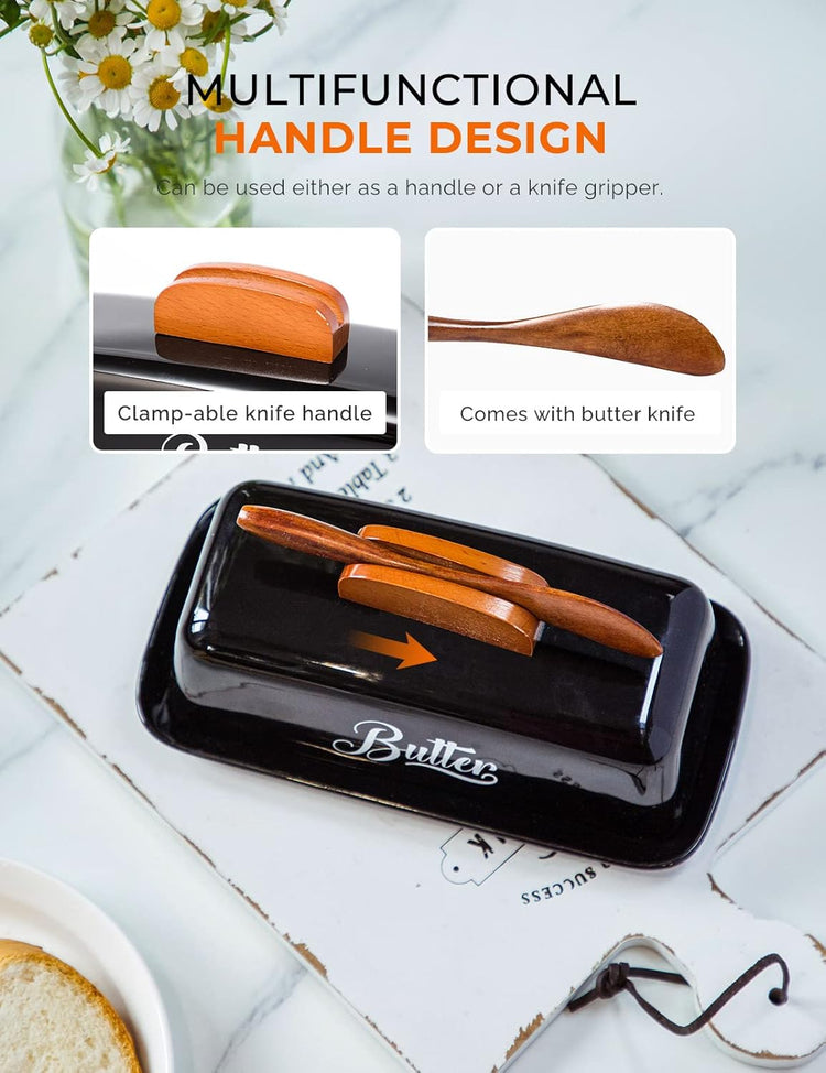 Black Butter Dish with Lid and Knife,Black Butter Tray,Ceramic Butter Holder for Counter Humanized Clamp-able Knife Handle Design Perfect for East West Coast Butter