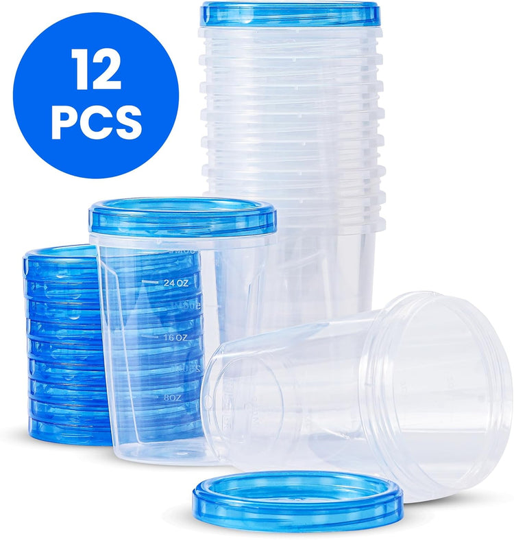 RFAQK 24 PCS Freezer Storage Containers with Lids-12 Plastic 32 oz Deli Containers with 12 Screw Lids-Freezer Containers for Soup with Twist Top Lids-Reusable Plastic Box for Lunch, Gym, Travel