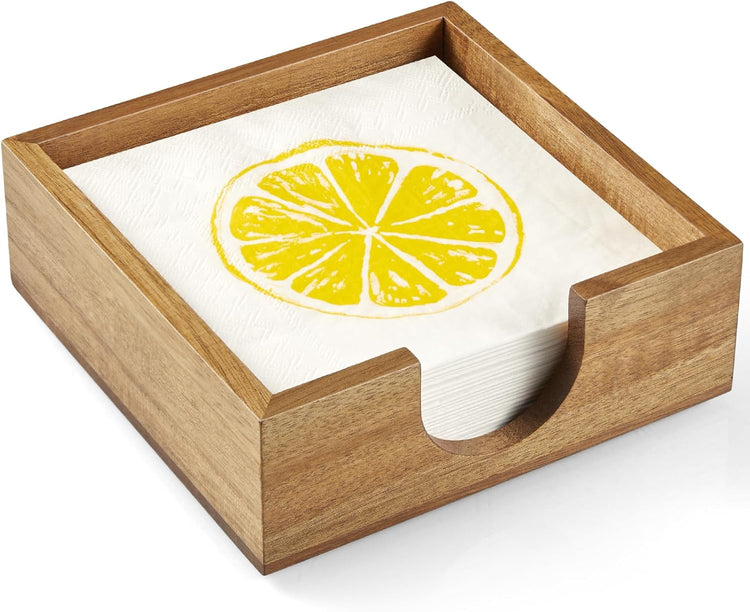 Acacia Wood Cocktail Napkin Holder, Beverage Napkin Holder for 5 x 5 inch Napkin, Square Paper Napkin Caddy for Bar, Party, Table, Dinner, Kitchen, Bathroom