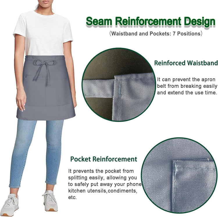 4 Pack Short Server Waitress Chef Apron, Grey Waist Aprons with 3 Pockets for Women Men, Half Apron for Waiter Cooking Dishwashing Cleaning Painting Gardening Barbecue (Polycotton - Grey)