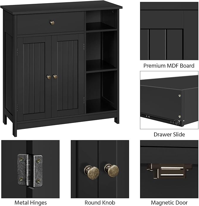 Yaheetech Bathroom Storage Cabinet, Bathroom Floor Cabinet with 2 Doors and 1 Drawer, Storage Units with 3 Open Compartments and Adjustable Shelves for Living Room, Entryway, Black