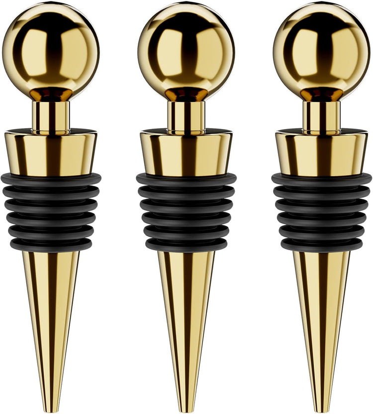 Wine Stoppers for Wine Bottles 3Pcs Vacuum Wine Bottle Stopper with Silicone Reusable Wine Corks, Leak proof Keep Fresh Suitable for Standard (Gold, 3 Pack)