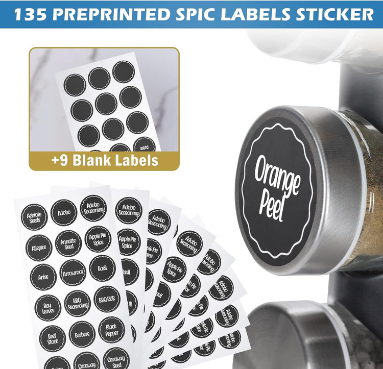 Black Countertop Rotating Spice Rack, 16-Jars Revolving Spice Rack Organizer Tower, 135 Spice Labels with Funnel Complete Set, Seasoning Organizer for Kitchen Countertop, Cabinet