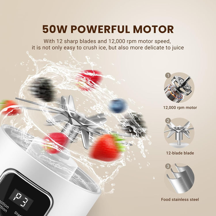 Portable Personal Electric USB Juicer,500ML Mini Blender Portable Blender For Shakes and Smoothies juice,12 Blades Great for Mixing,Compact、Convenient and Versatile (White)