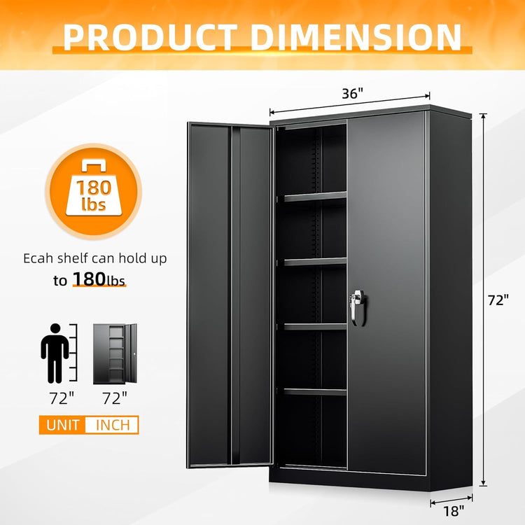 INTERGREAT Metal Storage Cabinets 72” Black Garage Steel Storage Cabinet with Doors and Shelves, Metal Tool Cabinet, Steel File Cabinet for Home Office, Basement, Warehouse, Classroom(Anti Tipping)