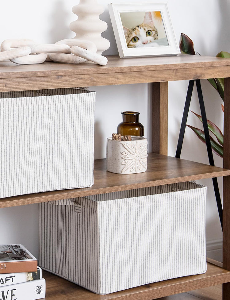 StorageWorks Storage Bins, Fabric Storage Bins for Shelves, Large Storage Baskets with Metal Frame, Closet Baskets and Bins with Handles, Gray and White Stripes, 2-Pack