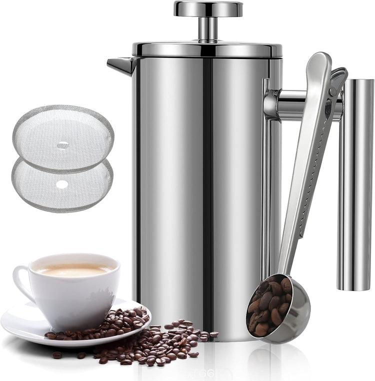 French Press Coffee Maker 34oz, Double-Wall Insulated French Press Stainless Steel 1L for travel camping, Included 2 Extra Screens and 1 Coffee Spoon (6-8cup 1000ml)