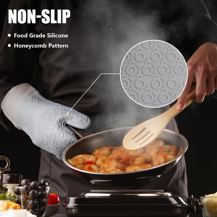 Rorecay 6pcs Oven Mitts and Pot Holders Sets for Kitchen, Extra Long Silicone Oven Gloves High Heat Resistant 500 Degrees Non-Slip Potholders Hot Pads for Baking Cooking, Grey