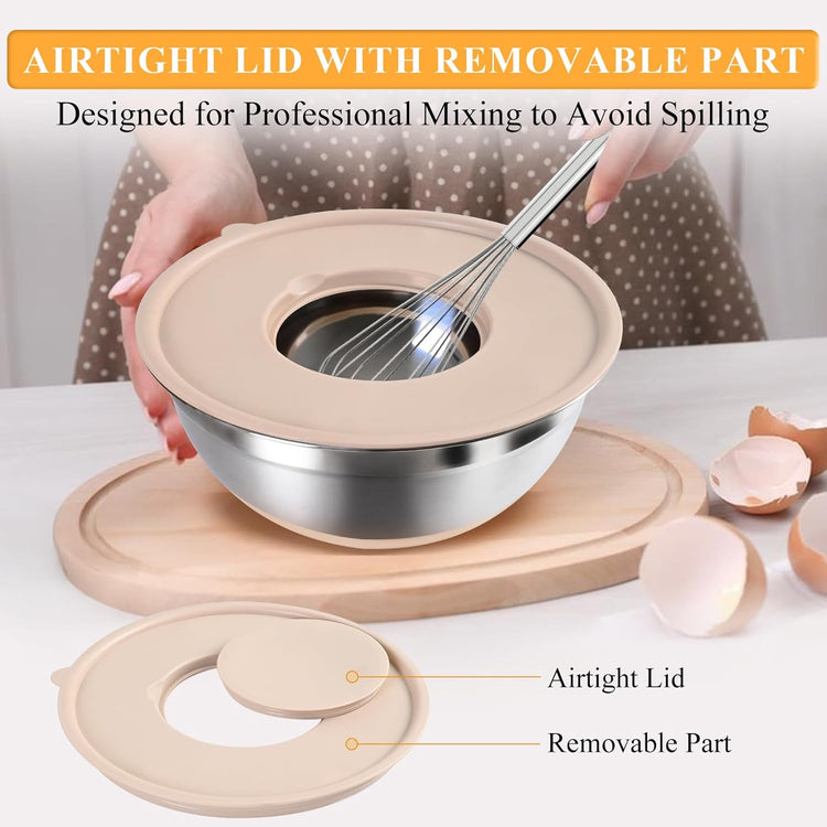 Mixing Bowls with Airtight Lids Set, 20 PCS Kitchen Gadgets Set, 6 Stainless Steel Bowls,3 Grater Attachments,Non-Slip Silicone Bottoms,Great for Serving&Baking,Size 5, 4, 3.5, 2.1, 1.5, 1.1QT (Khaki)