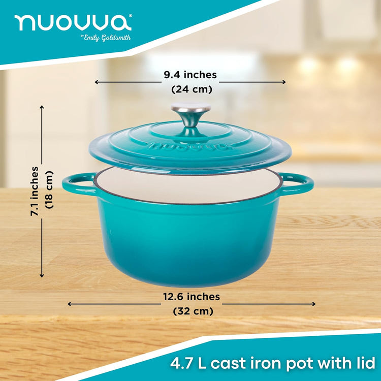 Cast Iron Dutch Oven with Lid – Non-Stick Ovenproof Enamelled Casserole Pot – Sturdy Dutch Oven Cookware – Teal, 5-Quart, 24cm – by Nuovva - Nestoria