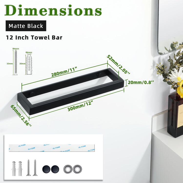12 Inch Hand Towel Holder Black Towel Bar for Bathroom Wall Mounted