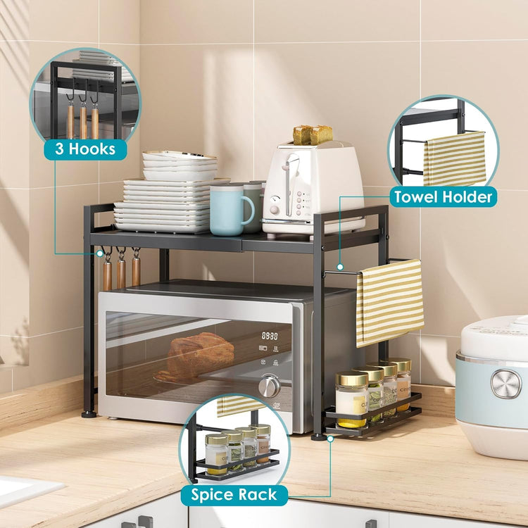 DOLALIKE Microwave Oven Rack, Expandable Microwave Stand Countertop Kitchen Utensils Tableware Storage, Carbon Steel Over Microwave Shelf Countertop with 6 Hooks