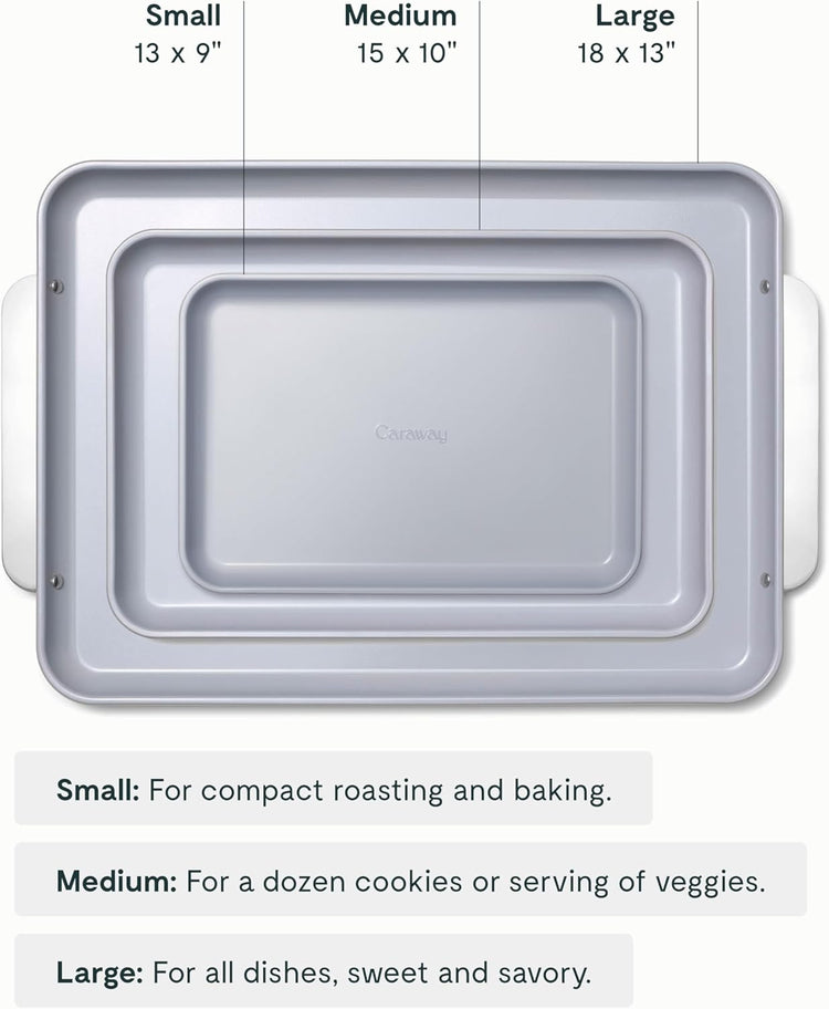 Caraway Non-Stick Ceramic Baking Sheet Trio - Naturally Slick Ceramic Coating - Non-Toxic, PTFE & PFOA Free - 18 x 13" Large, 15 x 10" Medium, & 9" x 13" Small - Gray