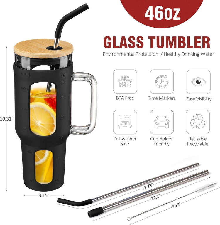 Glass Tumbler with Lid and Straw, 46 oz Iced Coffee Cup with Handle, Large Water Bottles with Silicone Sleeve, Glass Cup with Straws - Pearl Straw & Drinking Straw BPA Free-Black