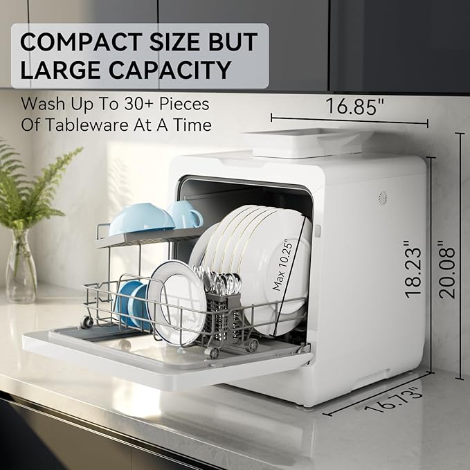 Hermitlux Countertop Dishwasher, 7 Washing Programs Portable Mini Dishwasher with 5-Liter Built-in Water Tank for Apartments & RVs, LED Light, Glass Door, No Hookup Needed