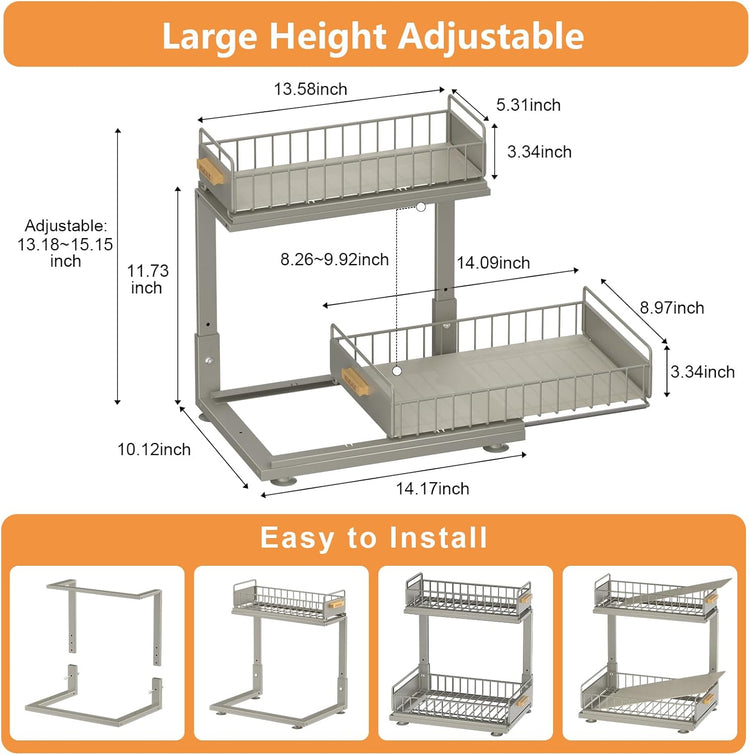 Under Sink Organizer, High Adjustable 2 Tier Under Kitchen Sink Organizer, Multi-Purpose Storage Shelf for Kitchen Bathroom Cabinet, Gray