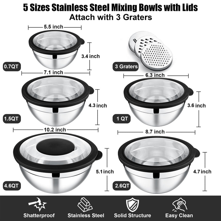 Mixing Bowls Stainless Steel Salad Mixing Bowl with Lid & Grater Set (5 Count)