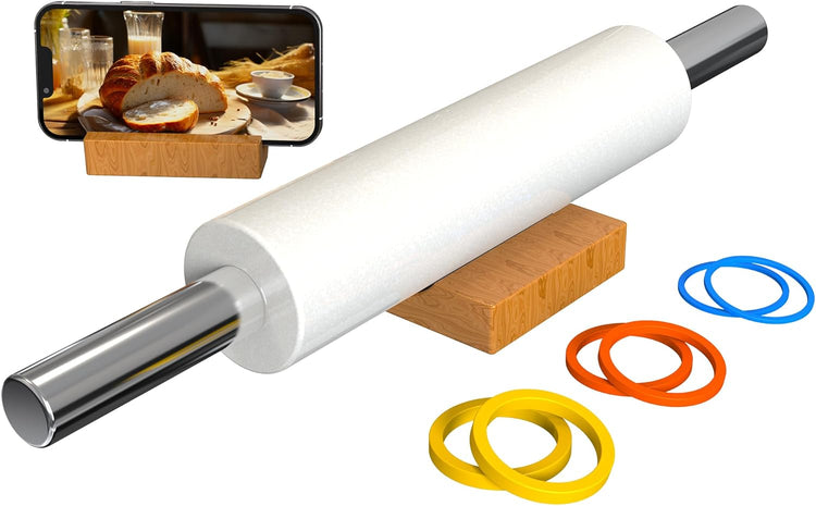 Marble Rolling Pin with Stainless Steel Handle for Baking,Fondant,Pizza,Cookie Crust,Pie,Cookies,Pastry, 18.5â(Includes handle) Marble Rolling Pin with 3 Multi-Color Thicknesses and Wood Stand