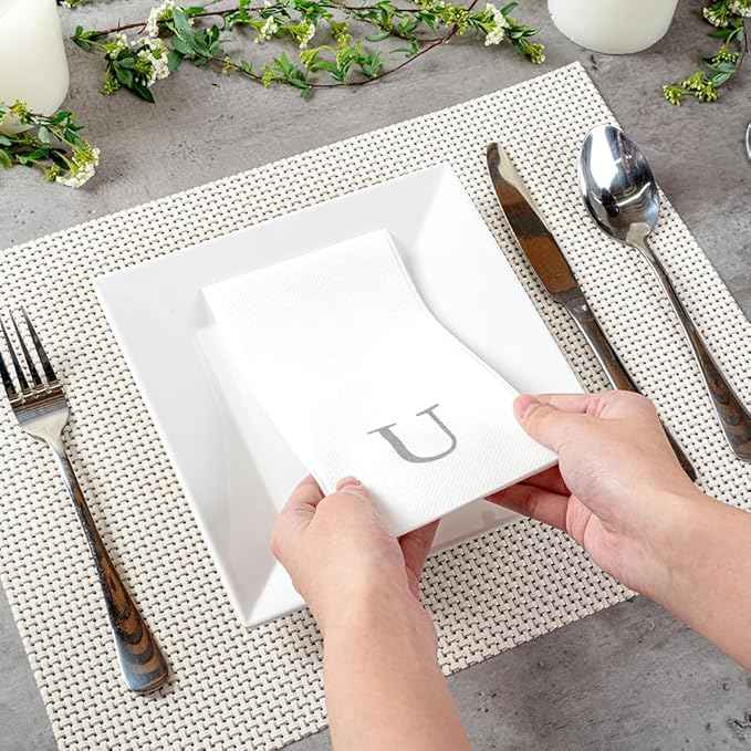 Luxenap 15.8 X 7.9 Inch Linen-Feel Guest Towels, 2000 Lettered Hand Towels - Silver Letter 'U', Sans Serif Font, White Paper Dinner Napkins, airlaid, For Restrooms And Tables - Restaurantware