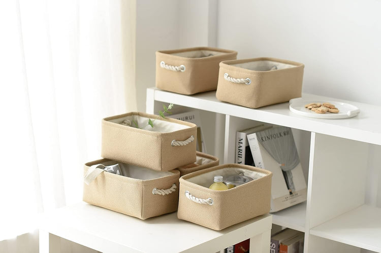 Organization and Storage Basket for Gifts Empty - 12x8x5.2 inch Small 6 Pack Collapsible Storage Box for Organizing, Fabric Storage Cubes for Cloth Books Laundry Canvas(Beige)