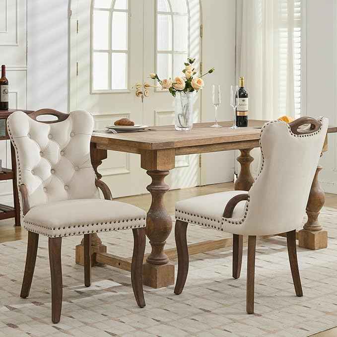 Beige Velvet Dining Chairs Set of 2,Modern Upholstered Dining Room Chairs with Tufted Back and Wood Handles, Curved Solid Wood Legs, Sillas de Comedor