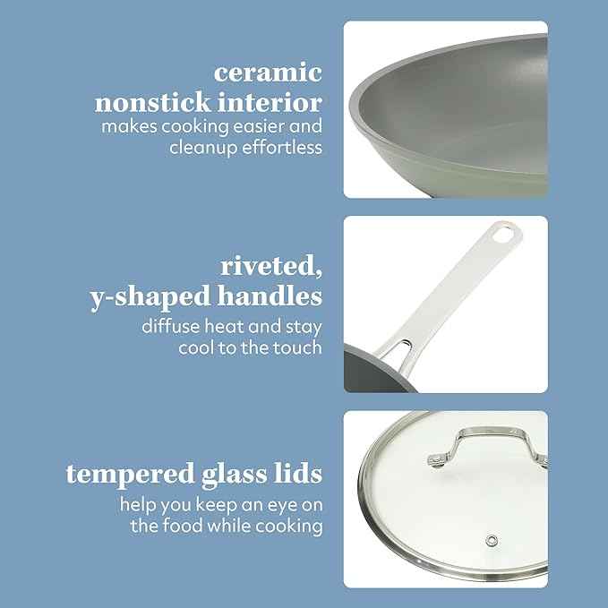 Sur La Table Kitchen Essentials Cool Commune Hard Anodized 10 Piece PFA Free Ceramic Non stick Interior Forged Durable Aluminum Pots and Pans Cookware Set - Green - Induction Compatible