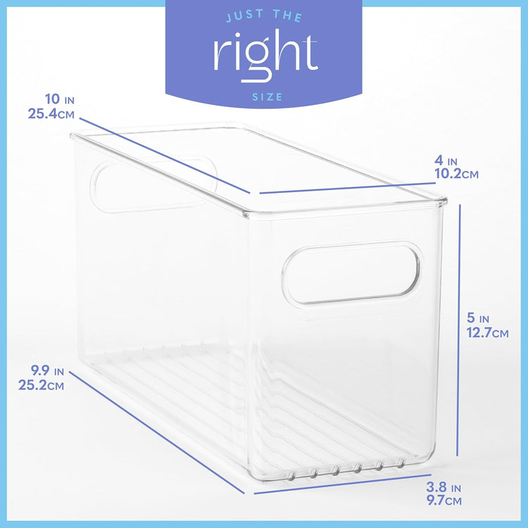 Plastic Food Storage 6 Pack Clear Container Bin with Handles for Organizing Kitchen, Pantry, Refrigerator, Freezer, Pantry, Cabinet, Closet, Bathroom. 10”x4”x5”