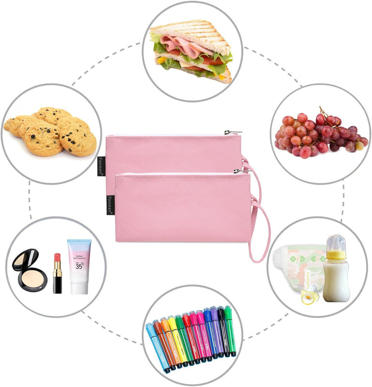 Reusable Sandwich Bag/Snack Bag for Kids & Adults, Dual Layer Lunch Bag with Handle, Washable, Food Safe, BPA Free (2-Pack, Pink)