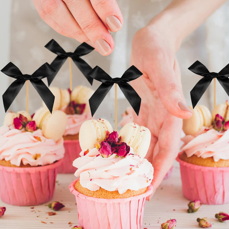Black Bow Cupcake Toppers, 40 Pcs Bow Cake Topper Birthday Decorations Bowknot Cupcake Picks for Coquette Theme Party Decoration Bachelorette Bridal Engagement Wedding Baby Shower Party Decor