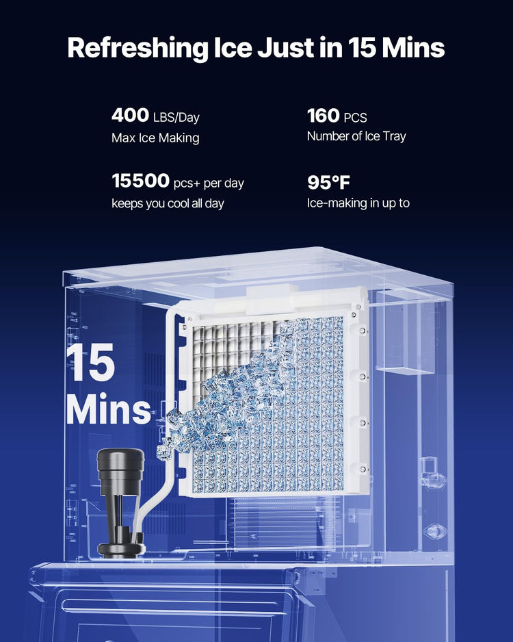 VEVOR Commercial Ice Maker Machine, 400LBS/24H Ice-Making Machine with 300LBS Large Storage Bin, Auto Self-Cleaning Ice Maker with Touchscreen for Bar Cafe Restaurant Business Commercial