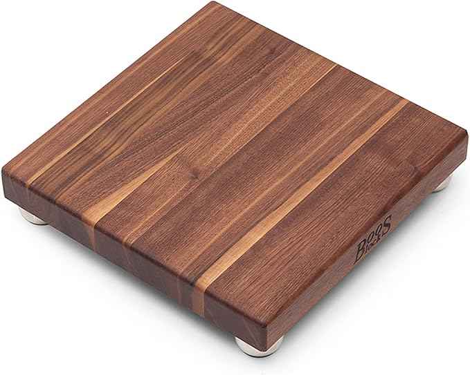 John Boos B Series Square Wooden Walnut Cutting Board 12”x12” – 1.5” Thick, 5-lb Non-Reversible Butcher Block with Stainless Steel Bun Feet & Edge-Grain