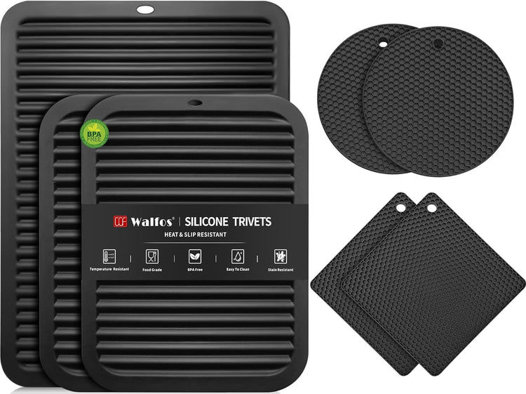 Walfos XXL Silicone Trivet 16" and Large 12" and Round & Square 7", Trivets for Hot Pots and Pans, Heat Resistant Pot Holders Hot Pads for Quartz Countertops, 7 Pack