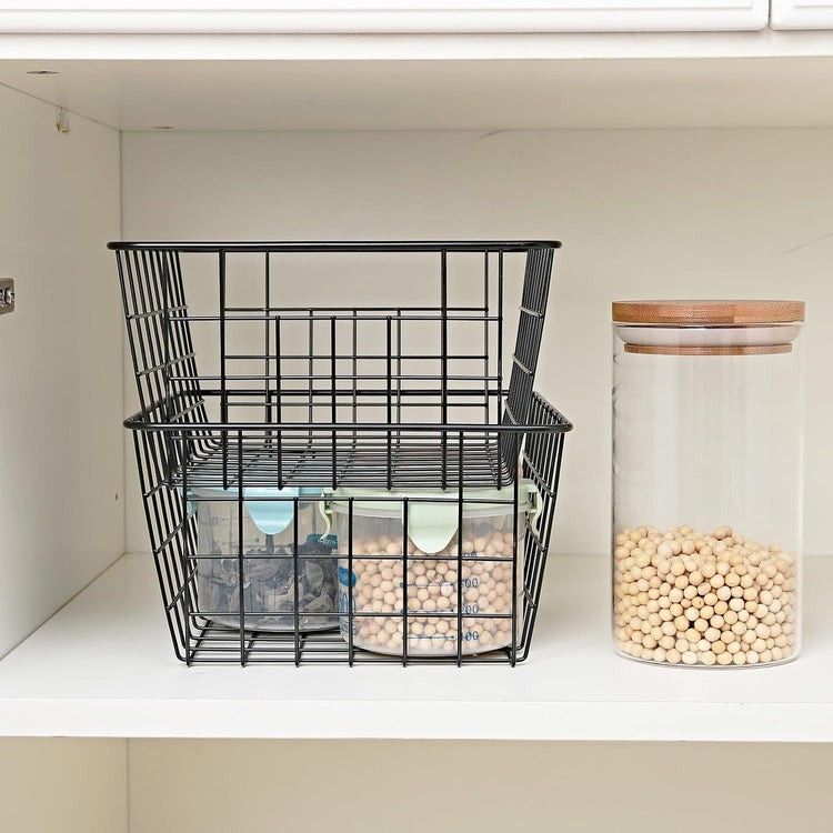 11" Upright Freezer Storage Baskets, Black Wire Storage Bins Small Bakset for Freezer, Pantry, Bathroom Organizing, Set of 2