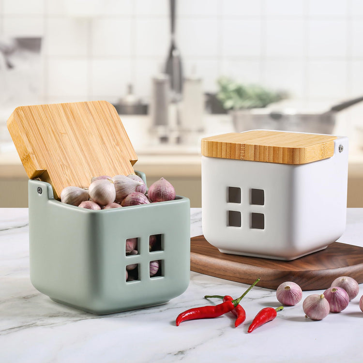 Ceramic Garlic Keeper with Bamboo Lid