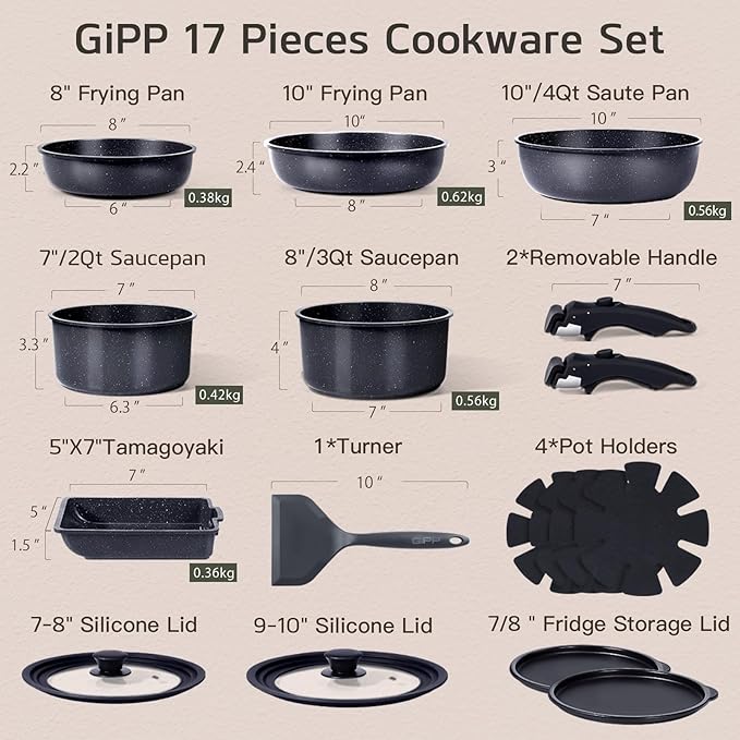 GiPP Ceramic Pots and Pans Set Non Stick, Nonstick Detachable Handle Cookware Sets, Healthy Non Toxic PFAS PFOA & PTFE Free, Dishwasher &Oven Safe, Induction Kitchen Pot and Pan, 17 Piece Gray