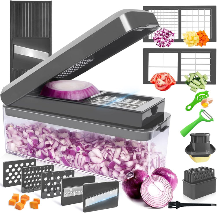 Vegetable Chopper, Onion Chopper Dicer, Mandoline Slicer, Food Chopper with Container, Vegetable Cutter for Salad Potato Carrot Garlic(9 Blades, Grey)