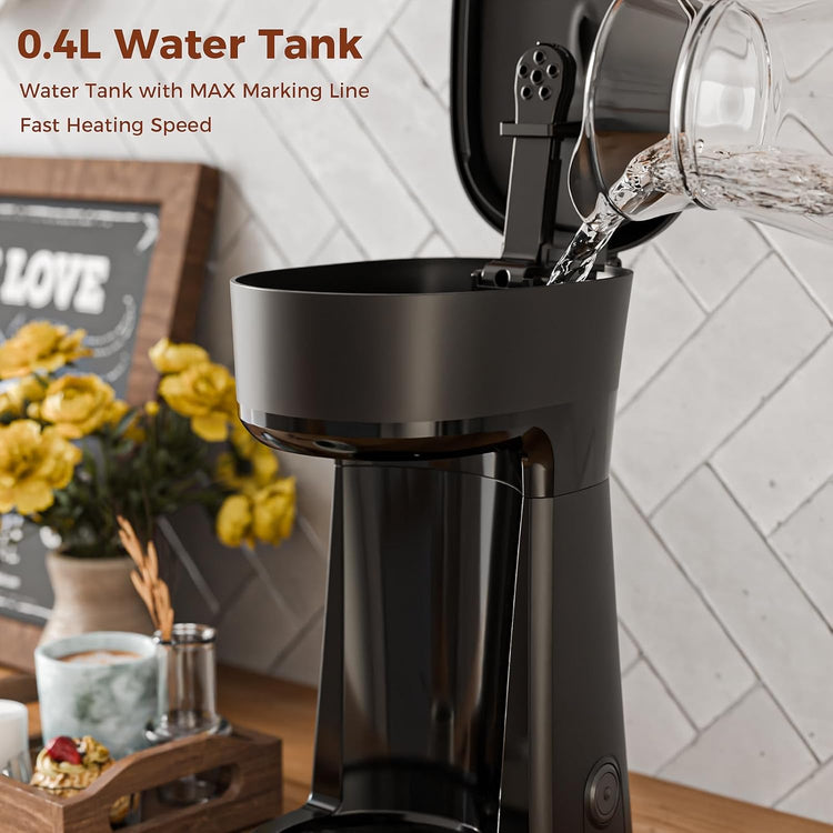 Single Serve Drip Coffee Maker with Travel Mug, One-Touch Operation, Fast Brew, Compact Small Coffee Maker with Removable Filter,Ideal for Home, Office, or On the Go(Black)