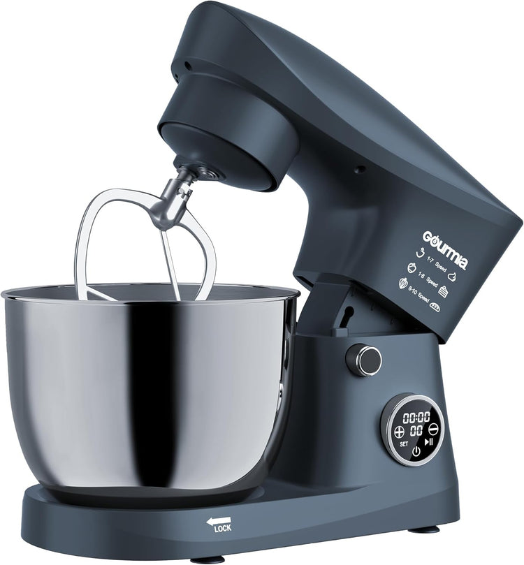 Gourmia 5 Quart Digital Electric Stand Mixer with Attachments, Bowl Shield, Dough Hook, Whisk and Beater - LED Display Timer - 10 Speed Kitchen Countertop Dough Maker Machine for Bread, Cake, Cookies