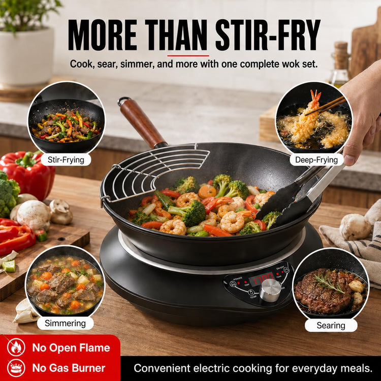 1700W Induction Cooktop with 13.4" Carbon Steel Wok Pan