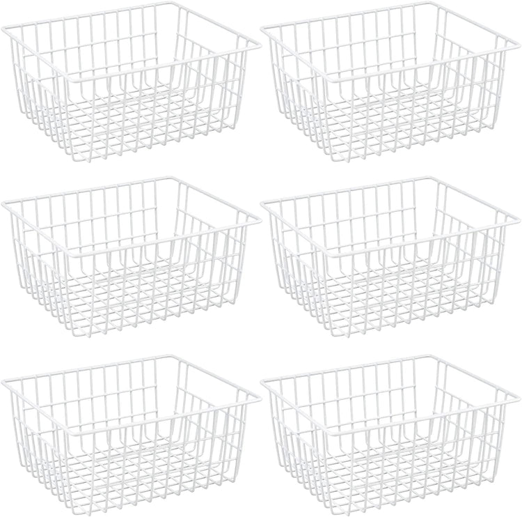 Redrubbit Wire Storage Baskets, Large Farmhouse Metal Freezer Basket Storage Organizer Bins with Handles for Kitchen Cabinets, Pantry, Closets, Bedrooms, Bathrooms, Set of 6, White