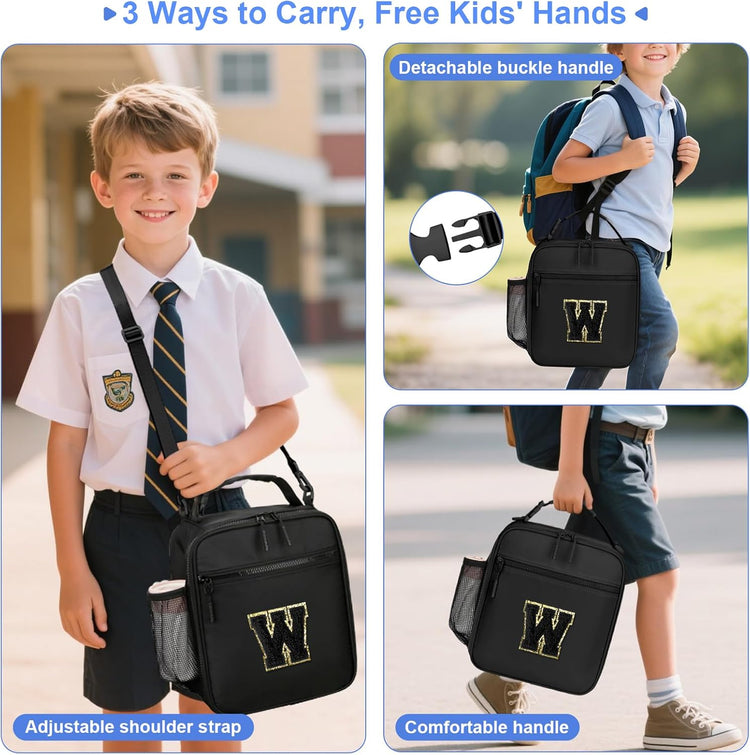 Initial Insulated Lunch Bag for Boys Kids, Back to School Gift, Reusable Leak-proof Lunch Box with Adjustable Strap for School Daycare Travel Picnic(Black,W)
