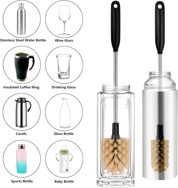 2-in-1 Long Handle Bottle Brush - Water Bottle Cleaning Accessories - Flexible Scrub Brush for Water Bottles,Mugs, Glasswares - with Replacement Brush Heads,Dishwasher Safe Reusable,Brown